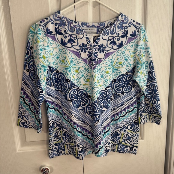 Alfred Dunner Tops - Alfred Dunner Multicolor Pattern Jeweled V Neck 3/4 Sleeve‎ Top Women's Size SP